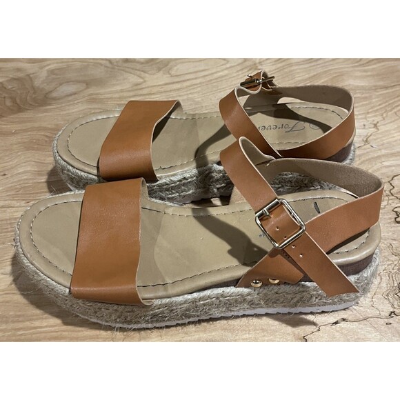 FOREVER 21 Brown Suede Wedge Platform Jute Strap Sandals Open Toe Women Sz 6.5 - Picture 7 of 10